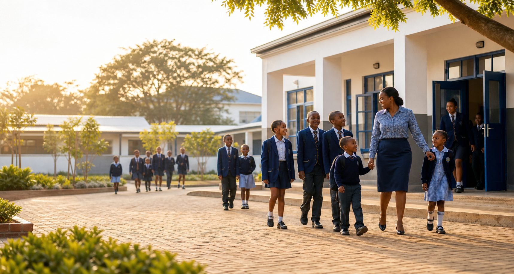 Learners and a teacher arriving at a bright school campus